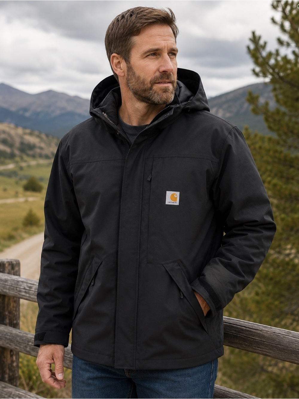 Carhartt Men’s 2XL Storm Defender Waterproof Hooded Rain Jacket Black